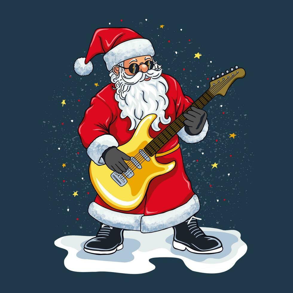 Cheerful Santa Claus is playing the guitar. Santa Claus is a rock star. Vector illustration. Vector illustration