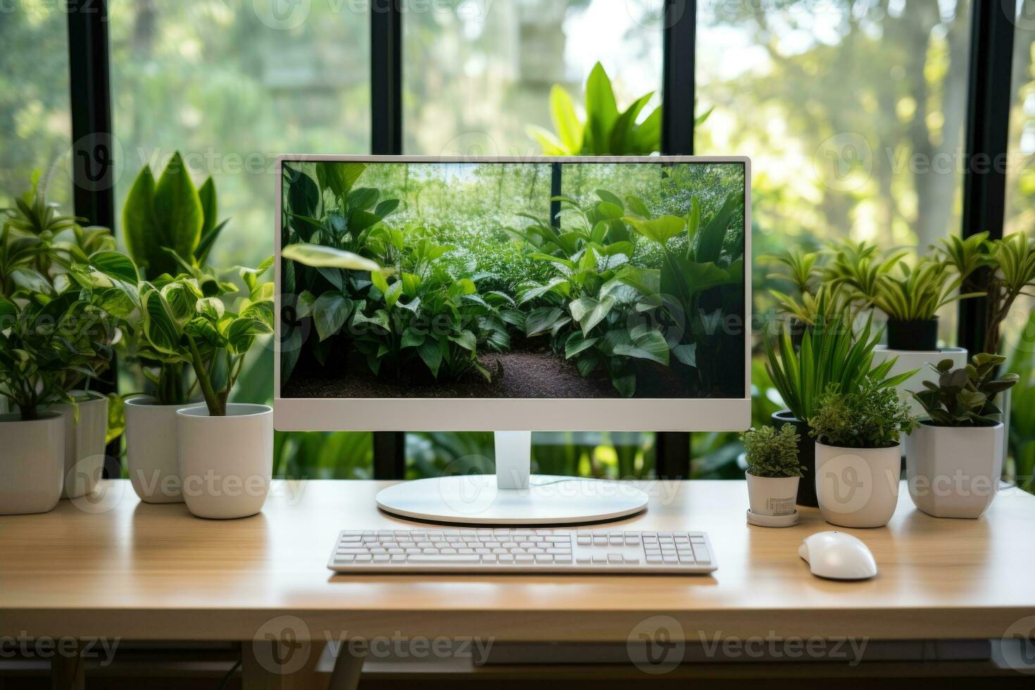 A image of Modern computer screen with blank screen and coffee cup on wooden table in office Generative AI photo