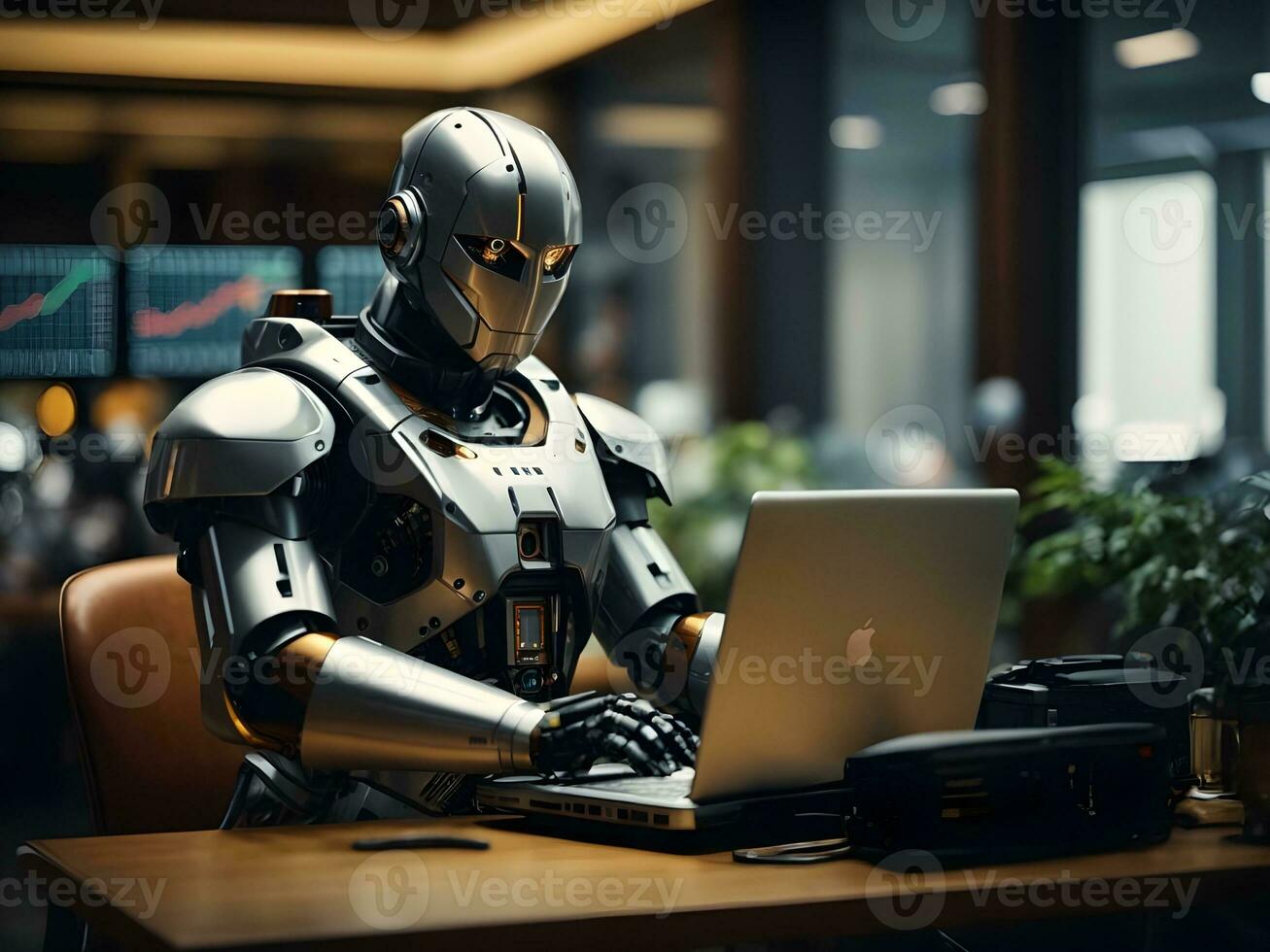 Robot working with laptop computer in modern office. 3d rendering photo