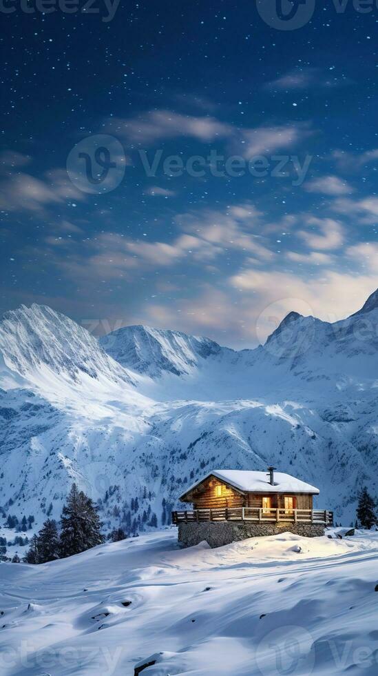 invierno mundo maravilloso panorama, de madera casa en Nevado montañas debajo estrellado cielo. generativo ai foto