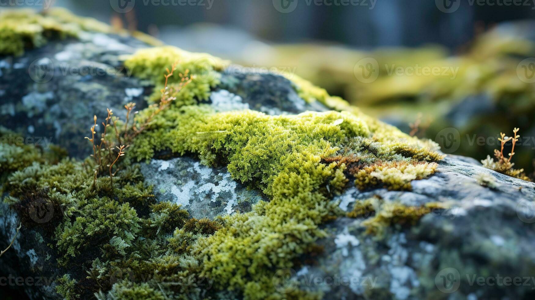 Close up of colorful lichens growing on a rock in the tundra. Various shades of green, yellow, orange, and red, and they contrast beautifully with the gray rock. photo