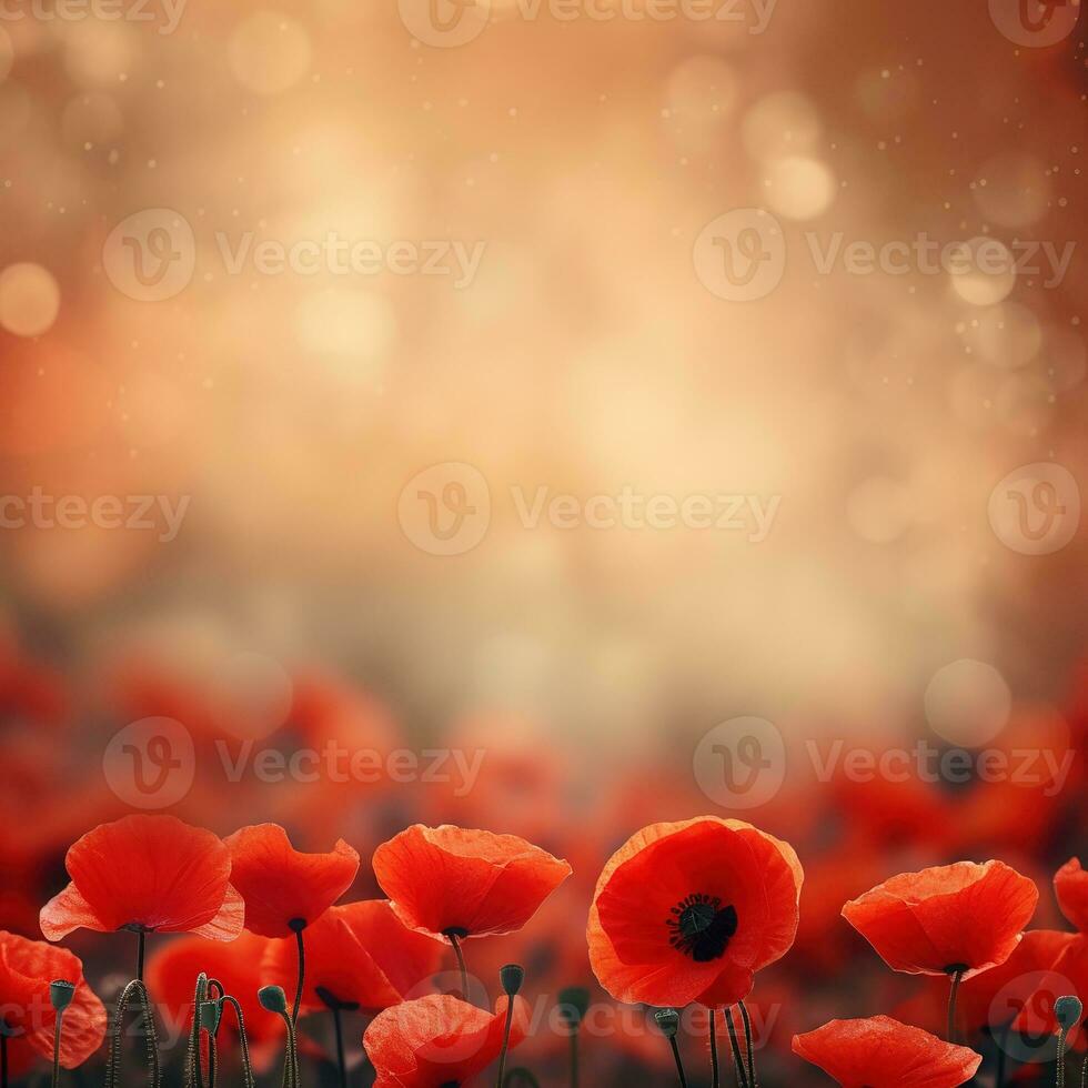 Remembrance Day background with copy space. Red poppy flowers on bokeh background. Suitable for social media posts, posters, and other marketing materials. Generative AI photo