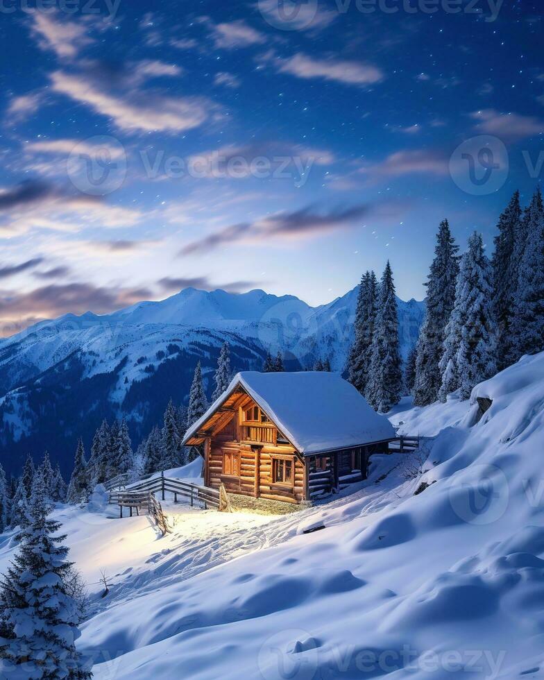 Winter wonderland panorama, wooden house in snowy mountains under starry sky. Generative AI photo