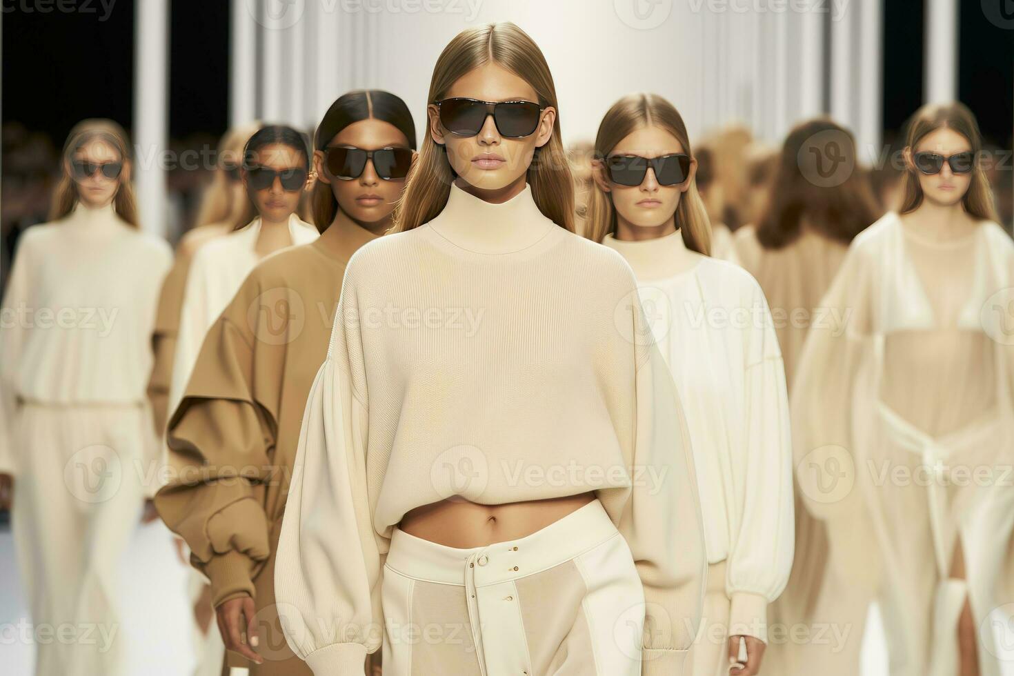 Models walk the runway in light black and beige clothing with a normcore style. The clothes feature textured pigment planes and are inspired by the 1970s. Generative AI photo