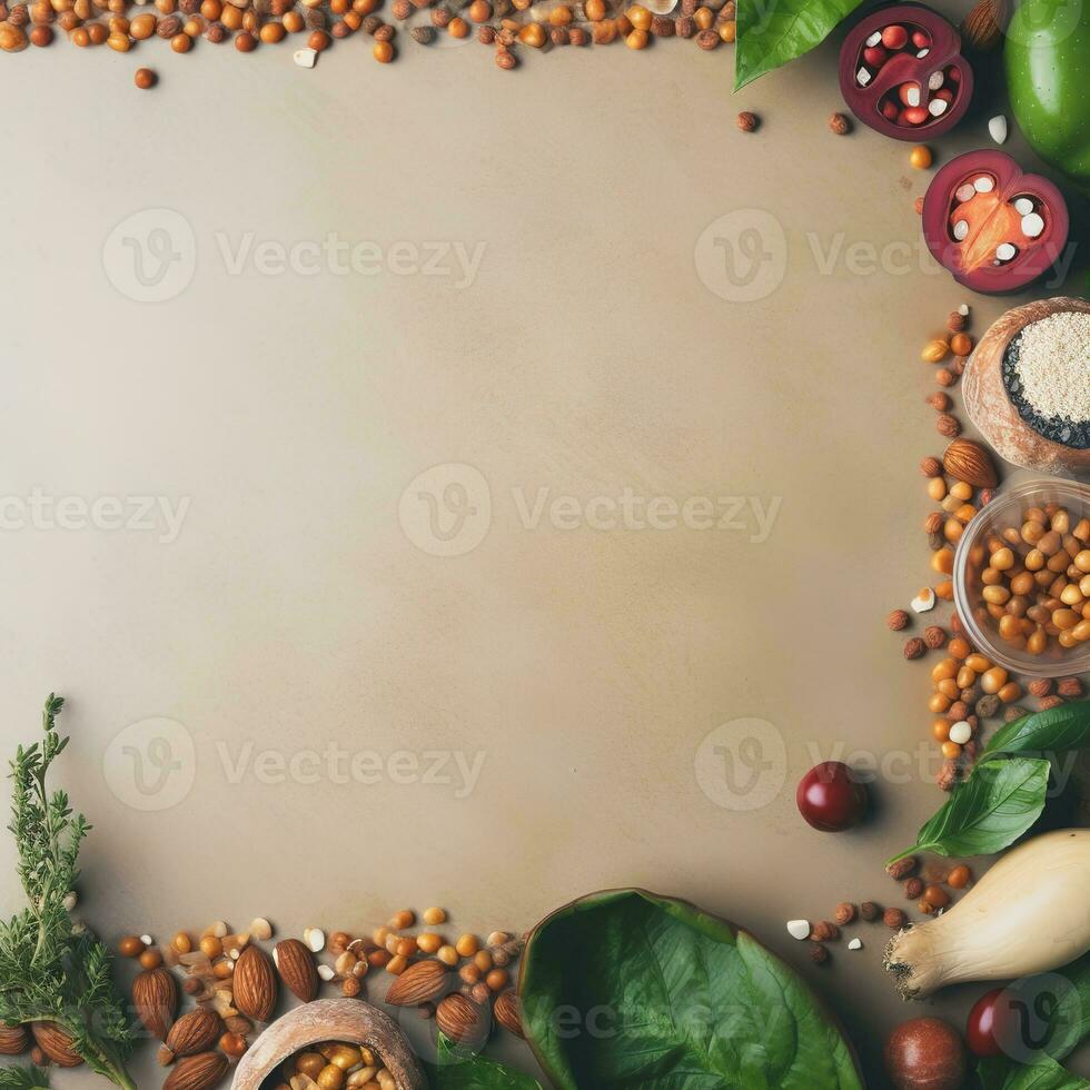 Celebrate World Vegan Day with this vibrant background of fresh fruits, vegetables, and other plant-based foods. The perfect backdrop for your vegan message or promotion. Generative AI photo