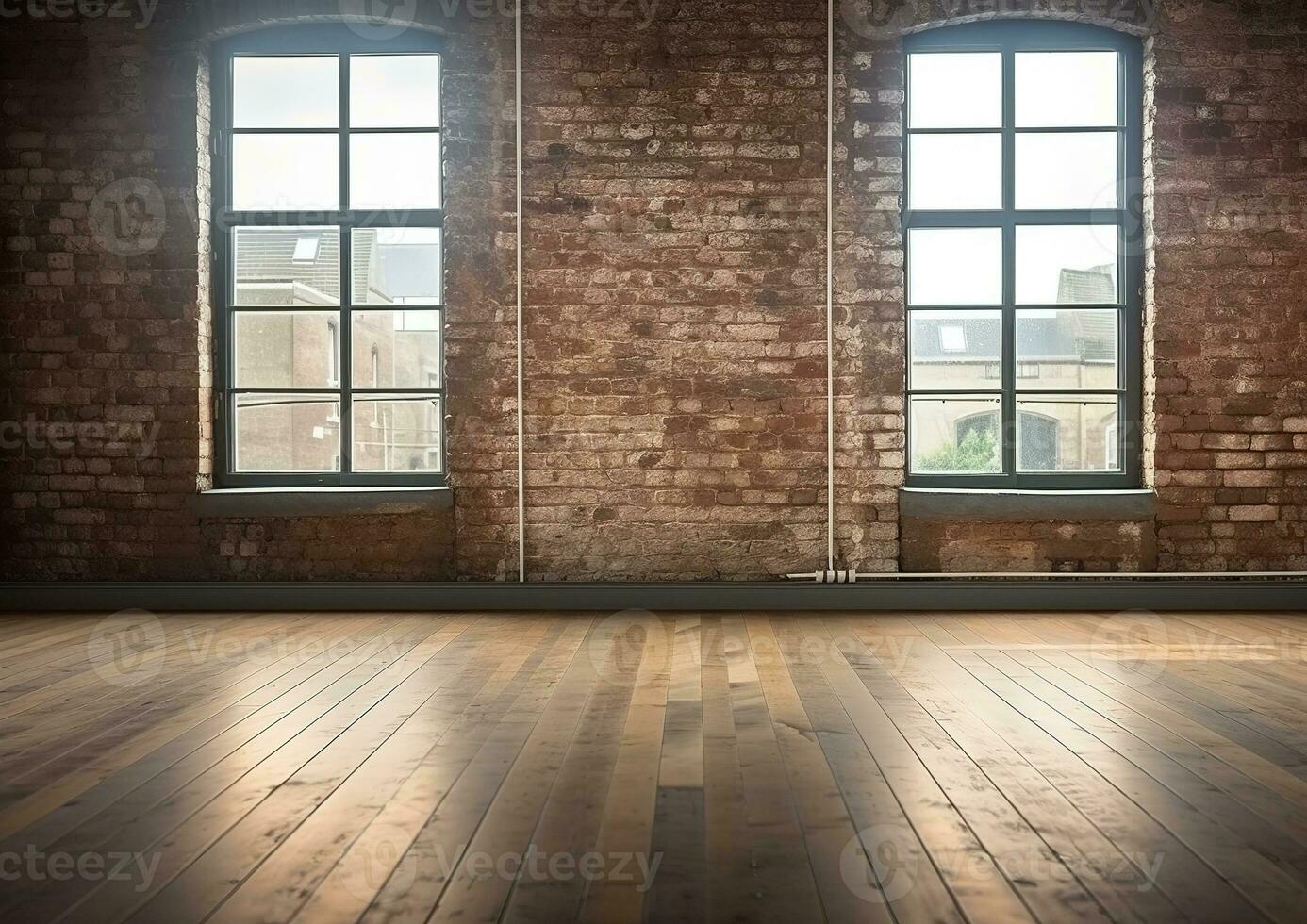3D rendering of an empty room with big window in loft style. Wooden floor and brick wall in a modern interior. Bright and spacious space with a lot of natural light. copy space. Generative AI photo