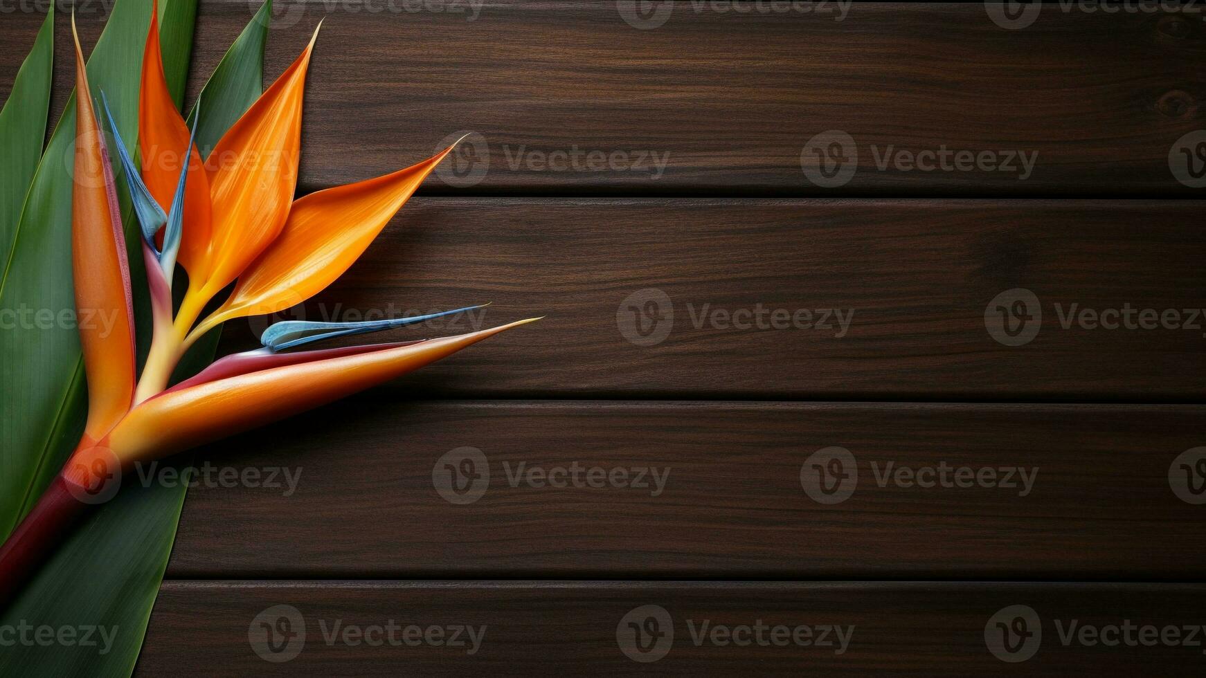 Bird of Paradise Flower on Wood Background with Copy Space, AI Generative photo