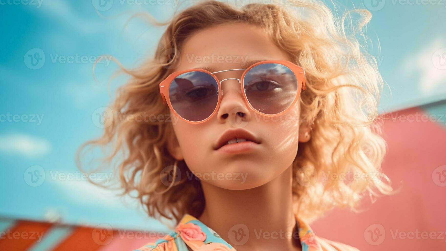 elegante verano Moda retrato niña en Gafas de sol en pastel, ai generativo foto