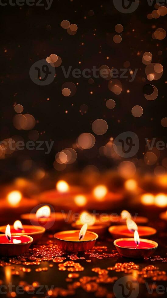 Diwali background with copy space. A lit candle on a wooden table, with a blurred bokeh background of lights. Perfect for advertising, banners, and social media posts. Generative AI photo