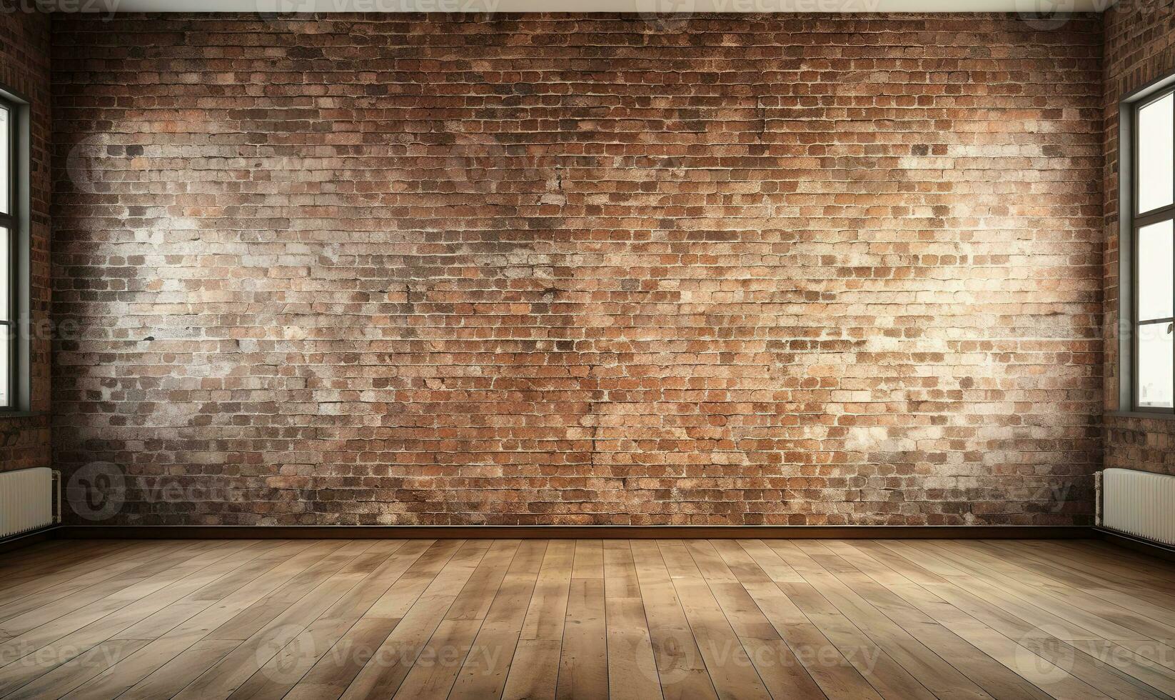 3D rendering of an empty room with big window in loft style. Wooden floor and brick wall in a modern interior. Bright and spacious space with a lot of natural light. copy space. Generative AI photo