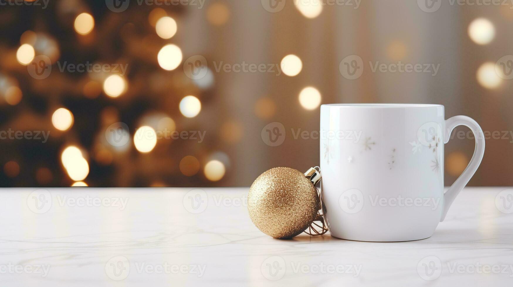 White mug on a white table with bright lights in defocus and gifts in the background. Close-up of a ceramic cup for advertising and design for New Year and Christmas. Generative AI photo