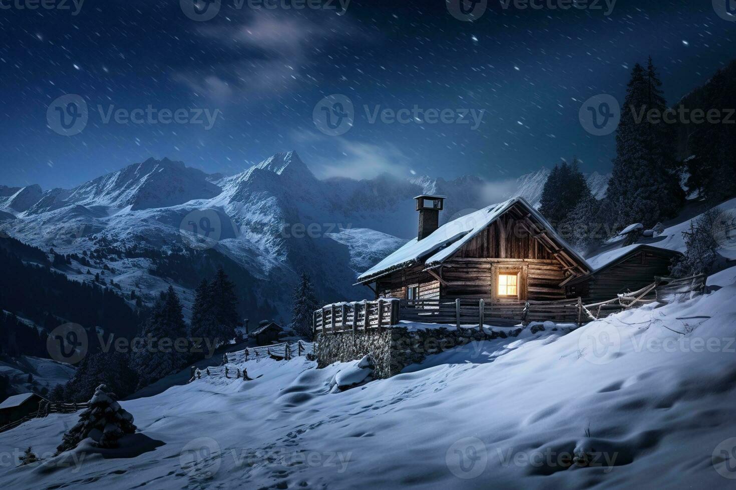 Winter wonderland panorama, wooden house in snowy mountains under starry sky. Generative AI photo