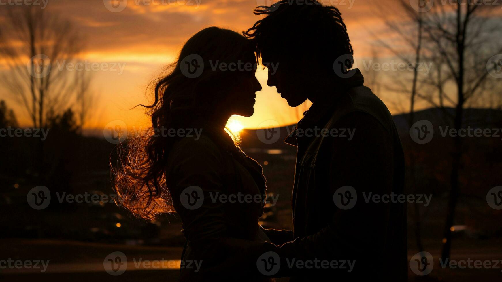 romántico puesta de sol siluetas para san valentin día en el noche brillo, ai generativo foto