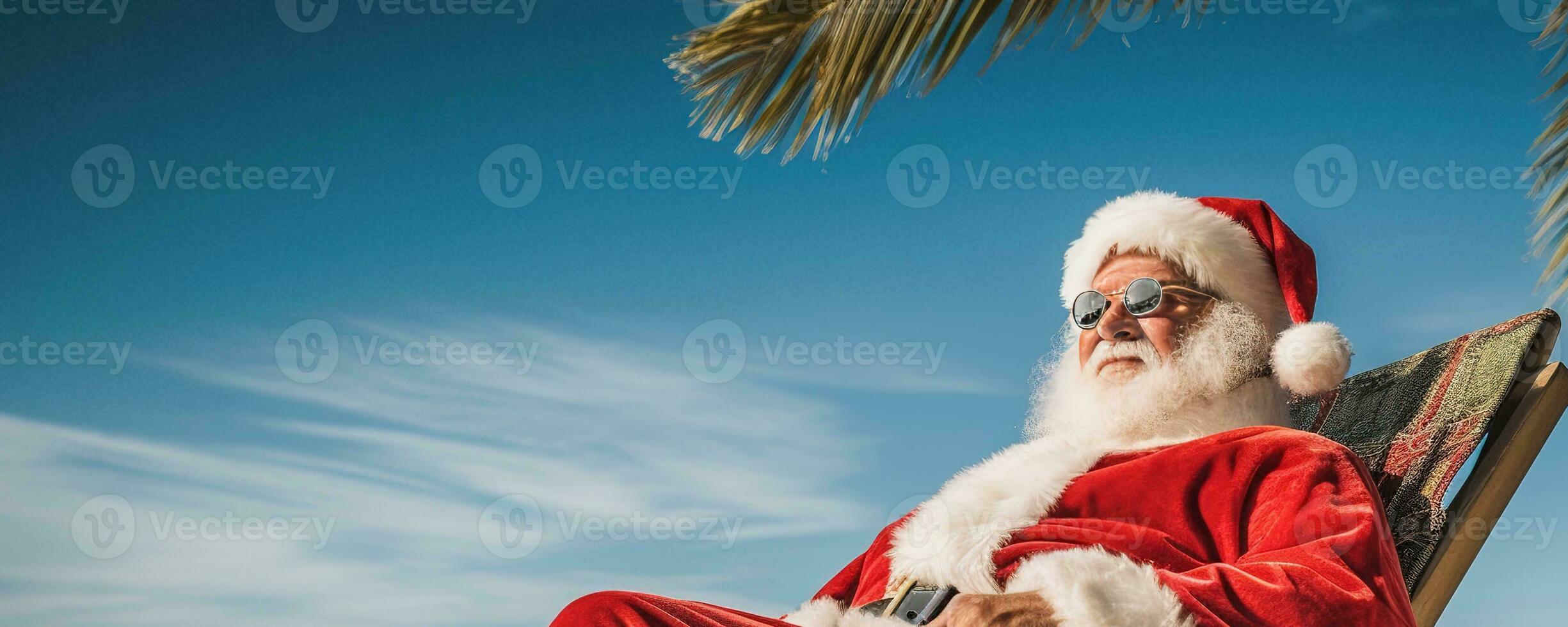 Santa Claus relaxing on tropical beach. He is lying on a sunlounger, sipping a cocktail, and enjoying the sunshine. Perfect for creating Christmas cards, posters, or other holiday. Generative AI photo