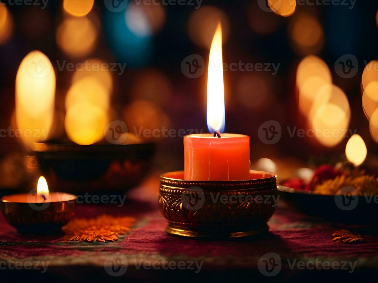 Beautiful diwali diya with burning candles on dark background photo