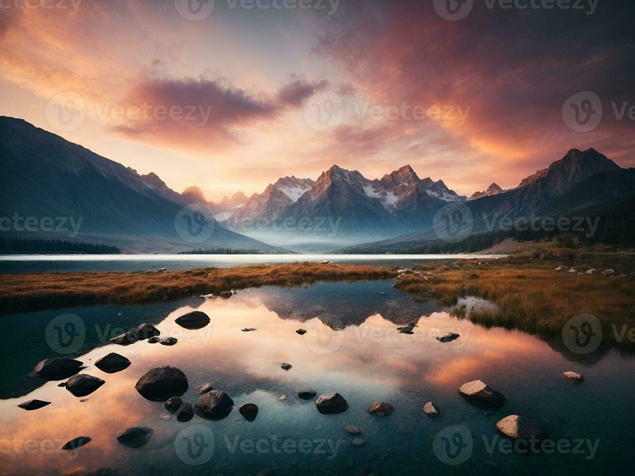 realista montaña ver a atardecer, ai generado. foto