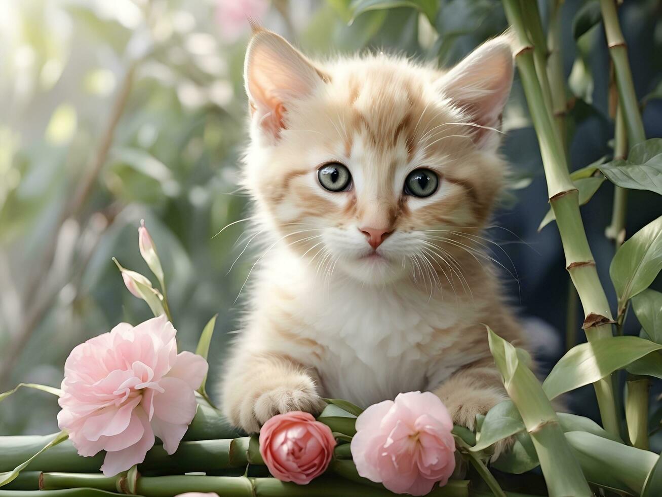 kitten and flowers, AI generated. photo
