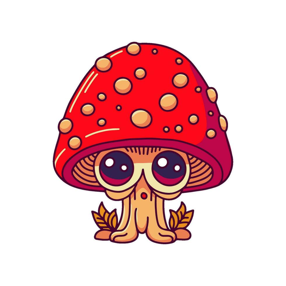 Weird funny happy amanita mushroom character. Hand drawn cartoon kawaii character design Isolated on white background. Funny amanita mushroom mascot concept. Contour vector illustration.