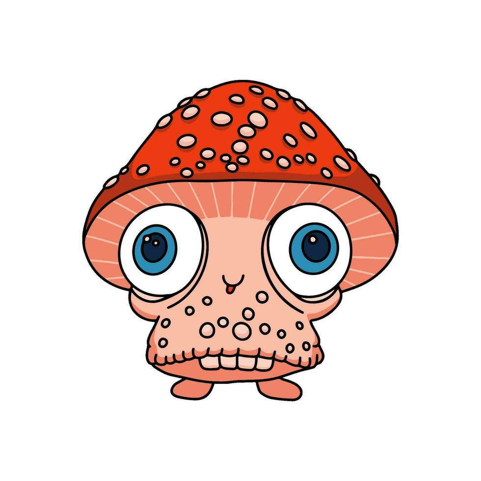 Retro groovy trippy mushroom character. Hippie psychedelic fly agaric. Hippy funky fungus. Vintage cartoon hallucinogenic nostalgic amanita. Trendy y2k pop culture. Vector contour illustration.