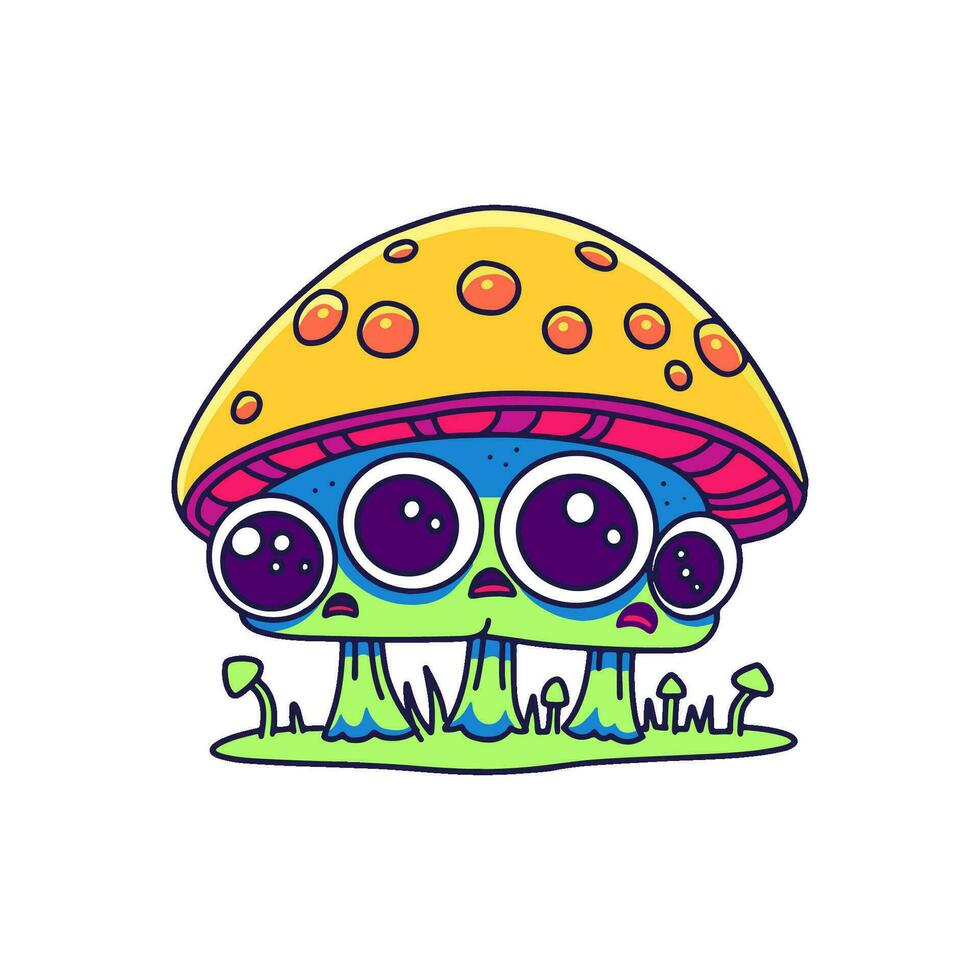 Weird Siamese twins psychedelic amanita mushrooms. Vector doodle line cartoon kawaii character illustration. Magic 70s trippy mushroom print on poster, t-shirt