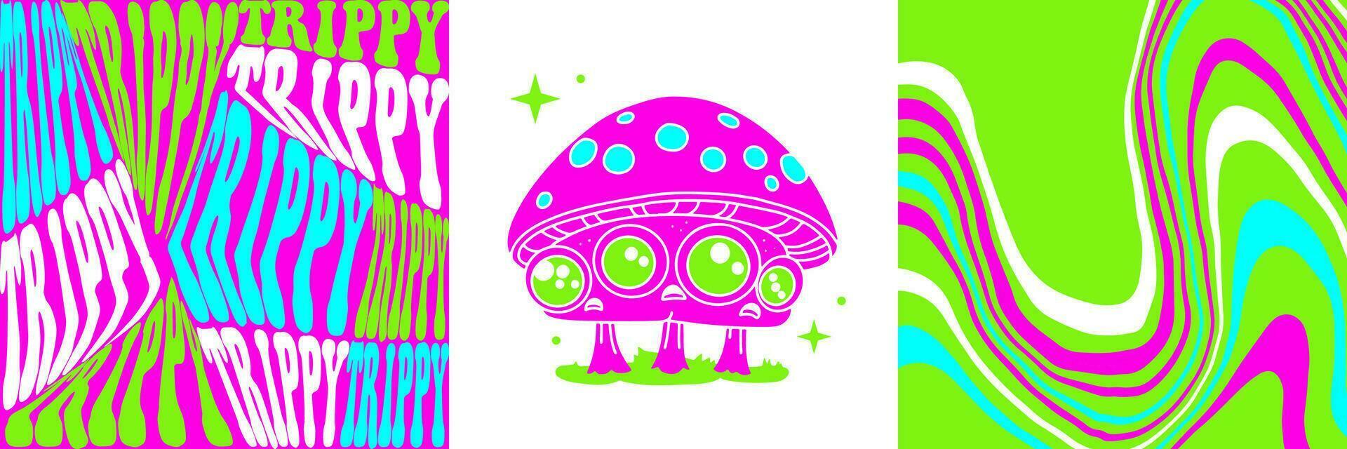 Neon psychedelic cards set with Fantasy magic mushroom with eyes and trippy backgrounds. Vector Toxic luminous mushroom characters from fairy tale, amanita. fantastic fungus with eye. Vector