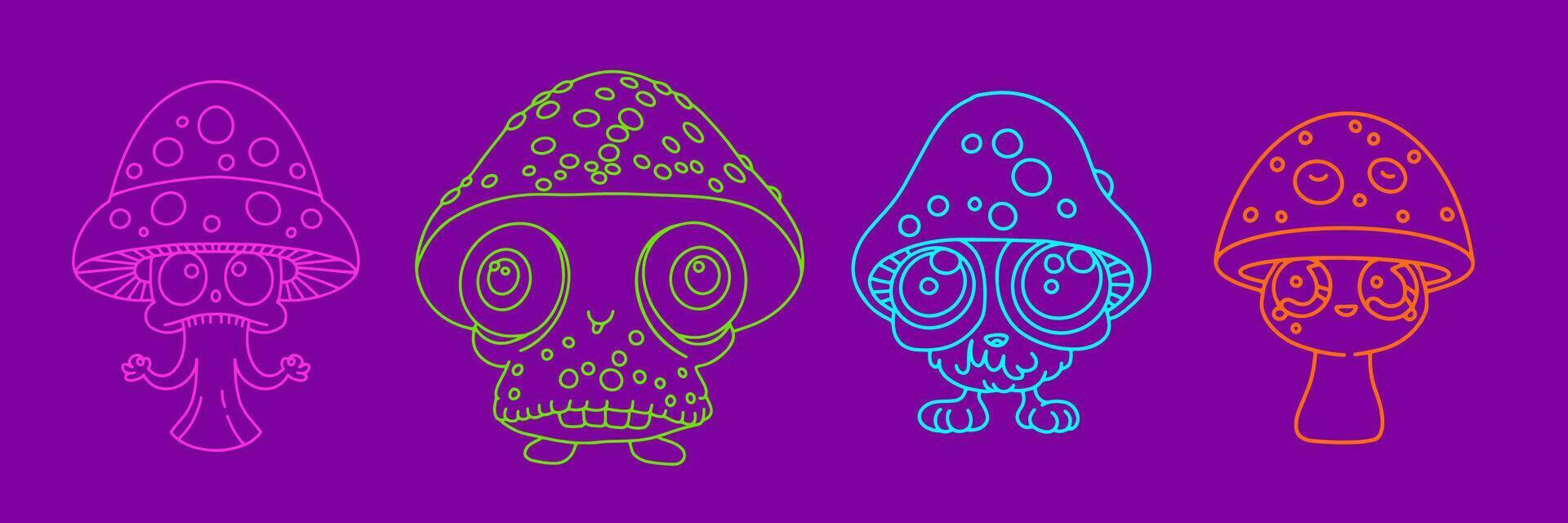 Kawaii illustration set of mushroom characters. Groovy psychedelic mascots for print. Linear vector illustration.