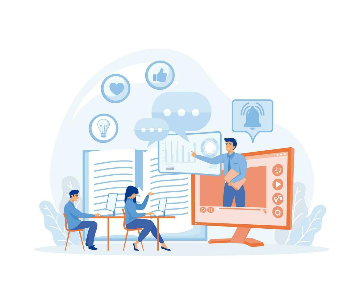 E-learning concept. man teacher on monitor screen. Group of students in distance learning.Online education, home schooling. flat vector modern illustration