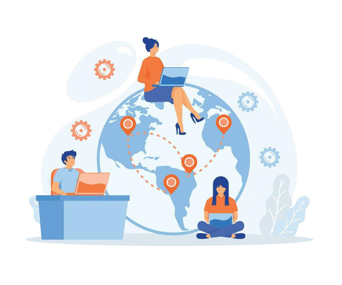 Work outsourcing and telecommuting concept. Business process outsourcing, outplacement, offshore software development, flat vector modern illustration