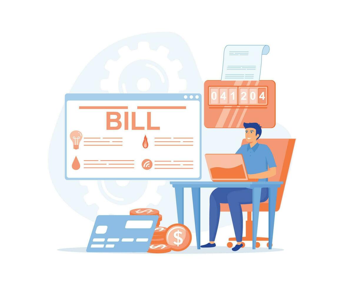 Sustainability, Energy efficiency in household and industry. Person checks heating meter and calculates household utility bill, flat vector modern illustration