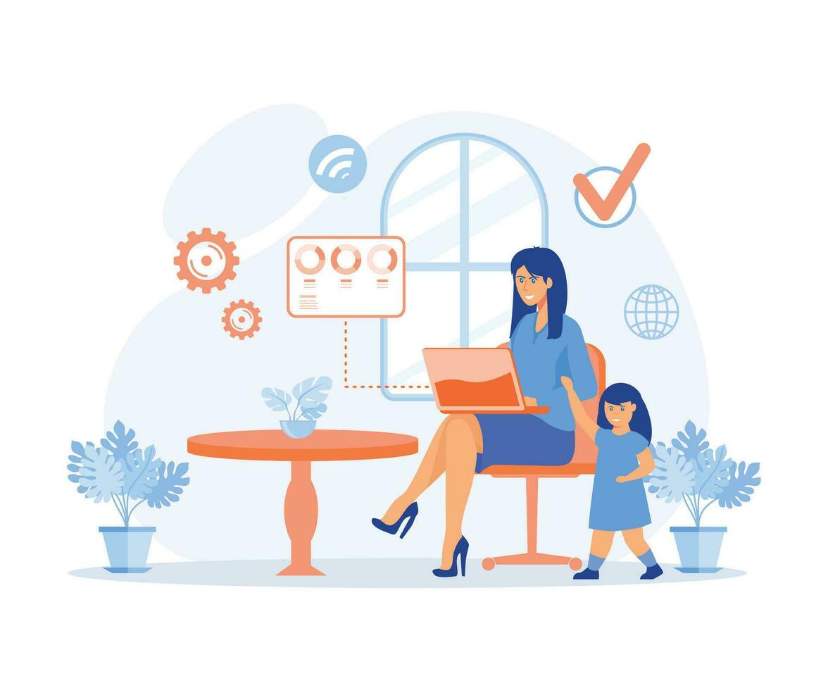 Freelancer with child working on laptop. Home office. Remote worker, employee schedule, flexible schedule, flat vector modern illustration