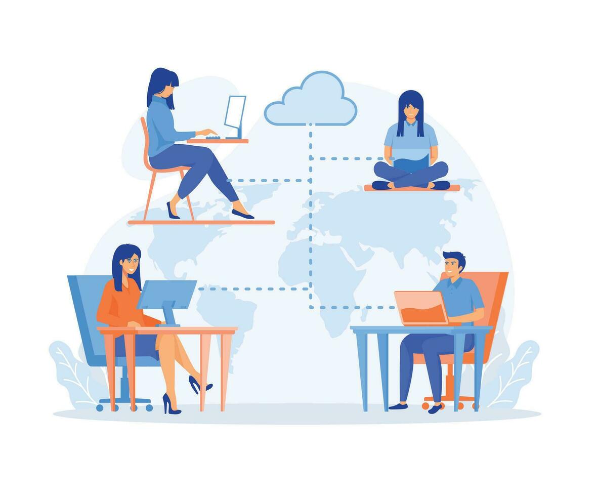 Business Outsourcing, People Using Cloud System in Distant Work and Data Storage. Business process outsourcing, flat vector modern illustration