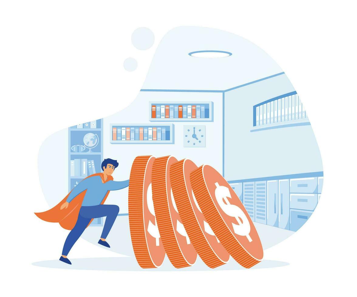 Financial Instability Concept. Male Character Pushing A Row Of Oversized Falling Coins. flat vector modern illustration