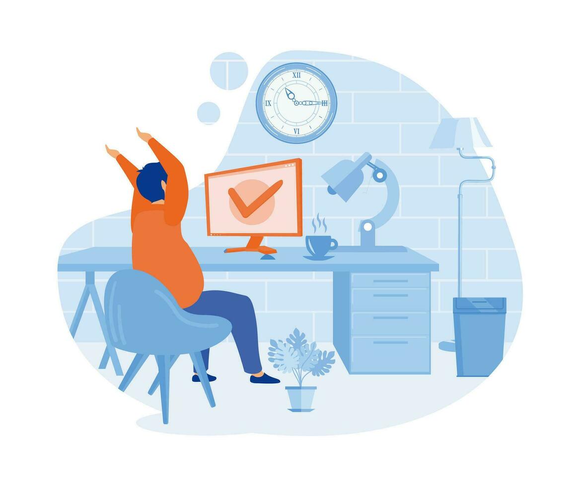 Happy woman completed task and triumphing with raised hands on the his workplace. flat vector modern illustration