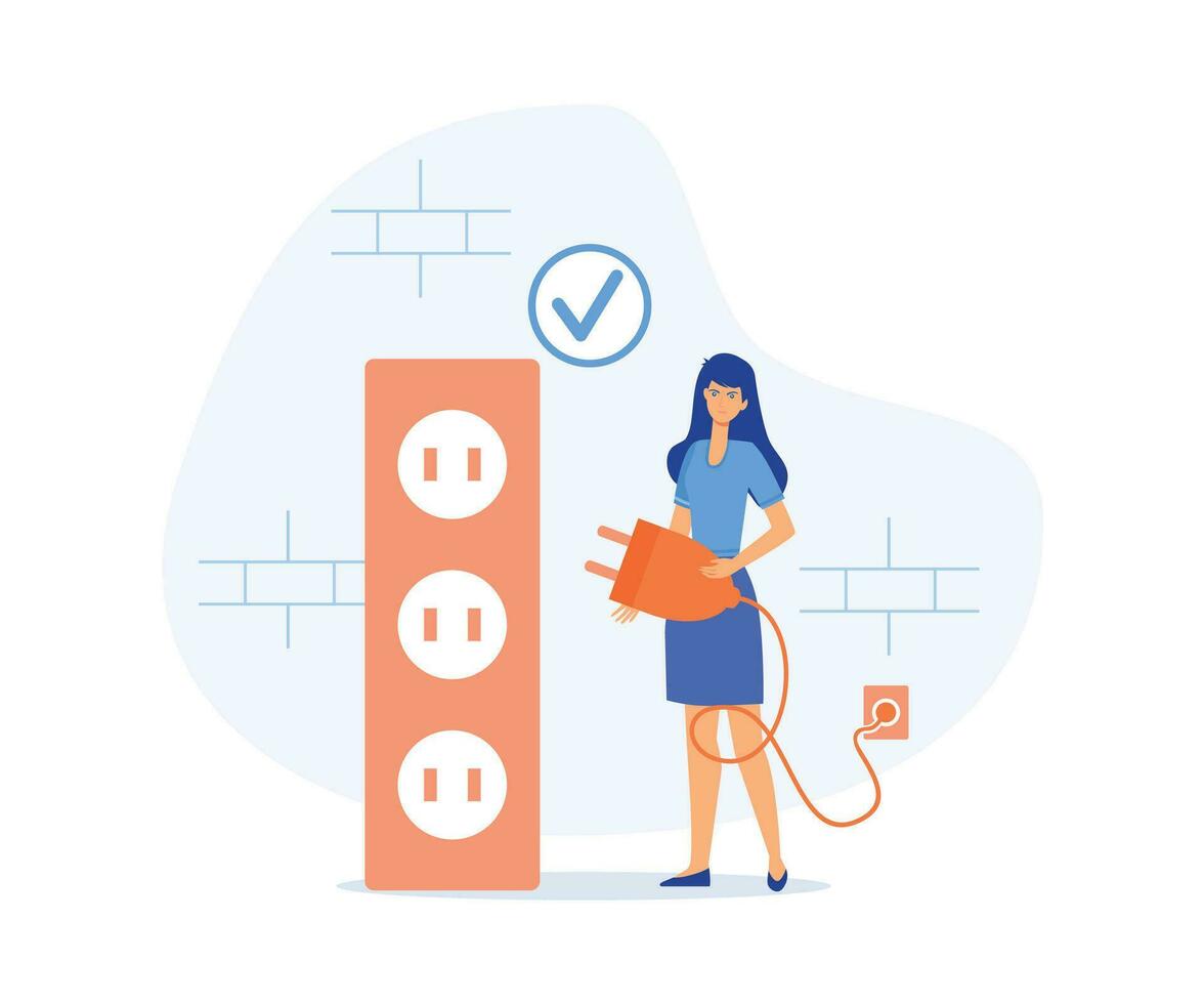 Sustainability, Characters reduce energy consumption at home, unplug appliances and use energy saving light bulb, flat vector modern illustration