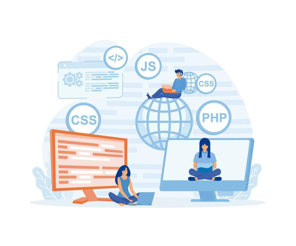 programación cursos web diseño concepto con gente. estudiantes estudiando con ordenadores escena. plano vector moderno ilustración