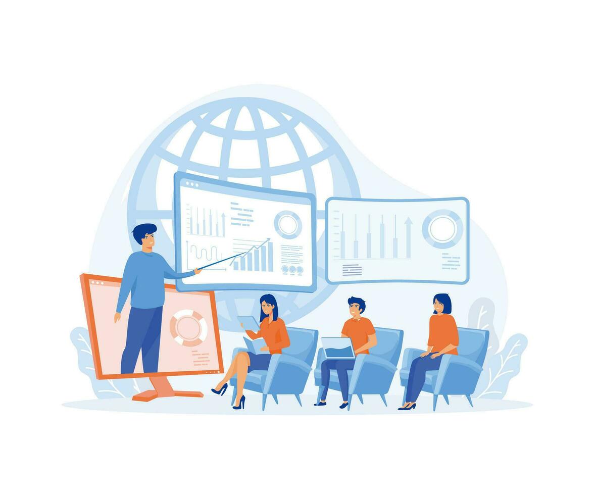 Business Online Training, Seminar or Courses, Mentor Doing Presentation About Marketing, Sales, Report, E-commerce. flat vector modern illustration