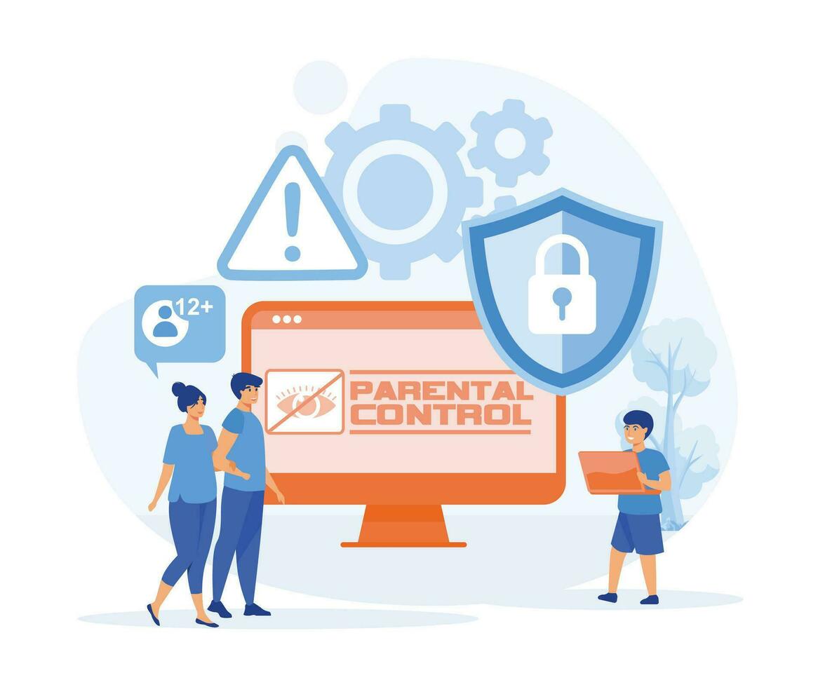 Dad and mom block prohibited or inappropriate content on social media. Parents provide safe internet for daughter. flat vector modern illustration