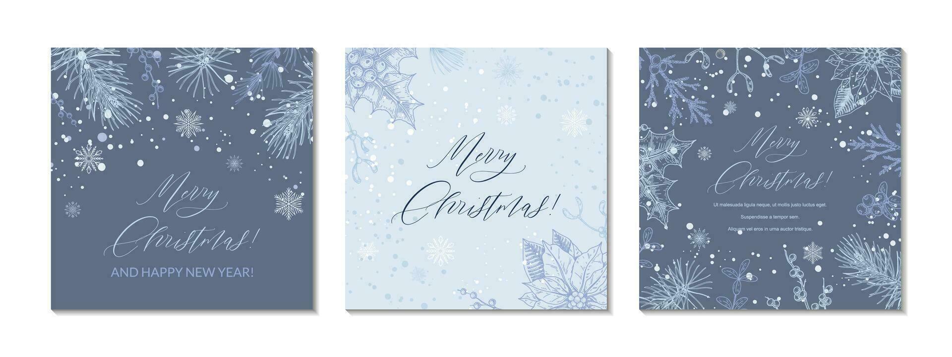 Set of Merry Christmas and Happy New year blue square greeting cards. Social media post template. Hand drawn sinter festive background with sketch botany elements. Engraving vector illustration