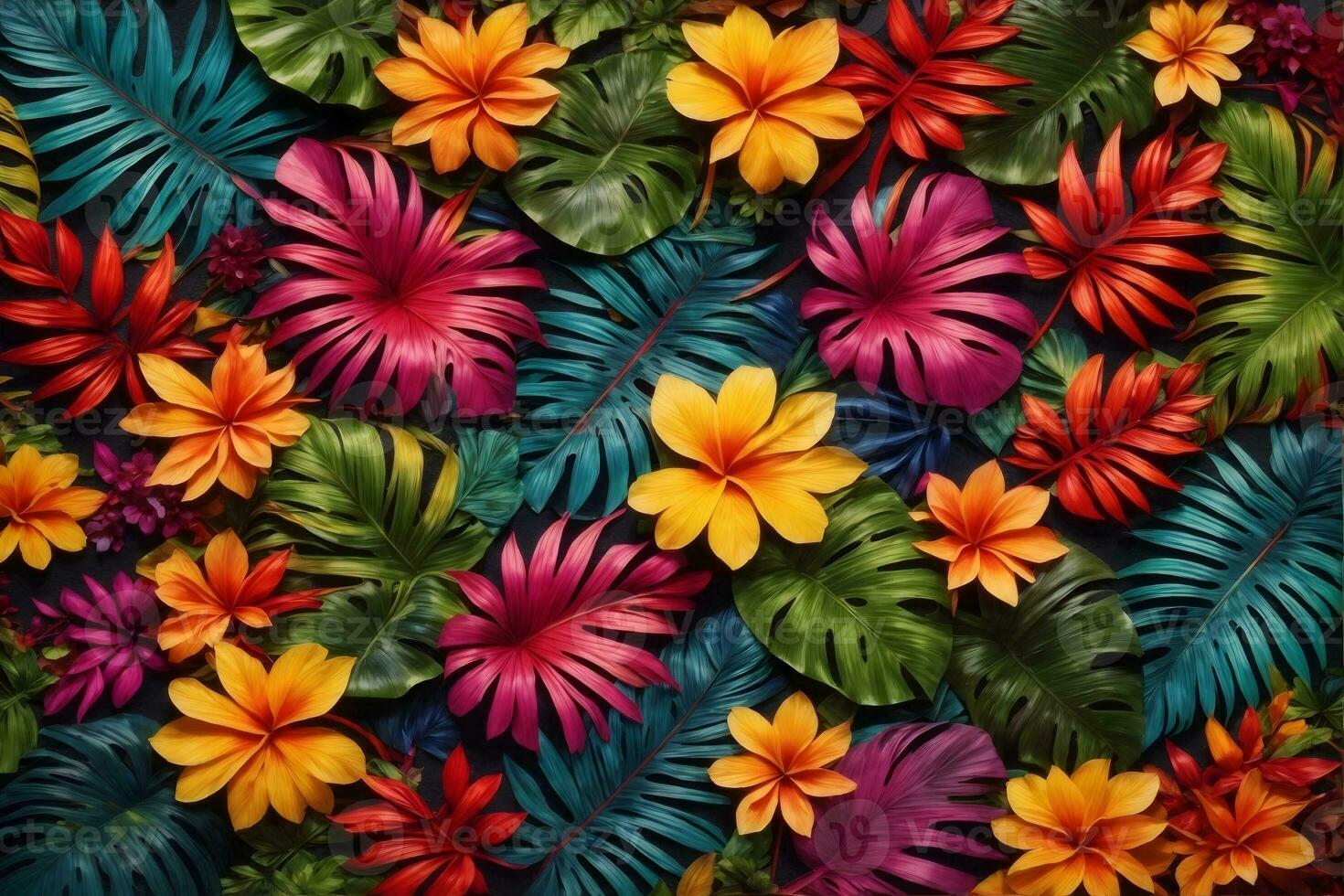 Colorful Tropical Leaves and Flowers, Tropical Flower Background, Exotic Leaves Background, Tropical Flower Wallpaper, AI Generative photo