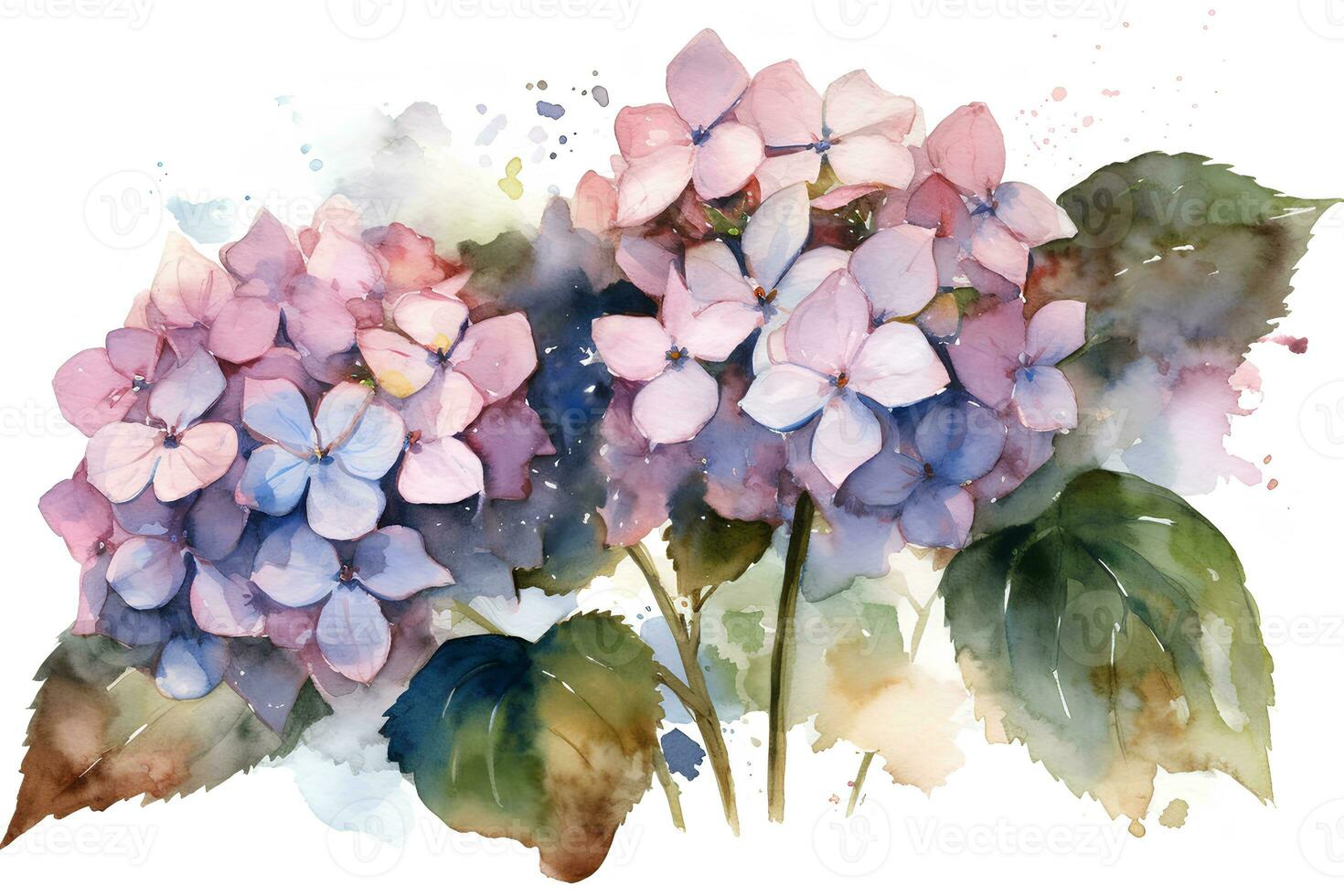 Watercolor hydrangea, lilac, hortensia on a white background. AI generated illustration. photo