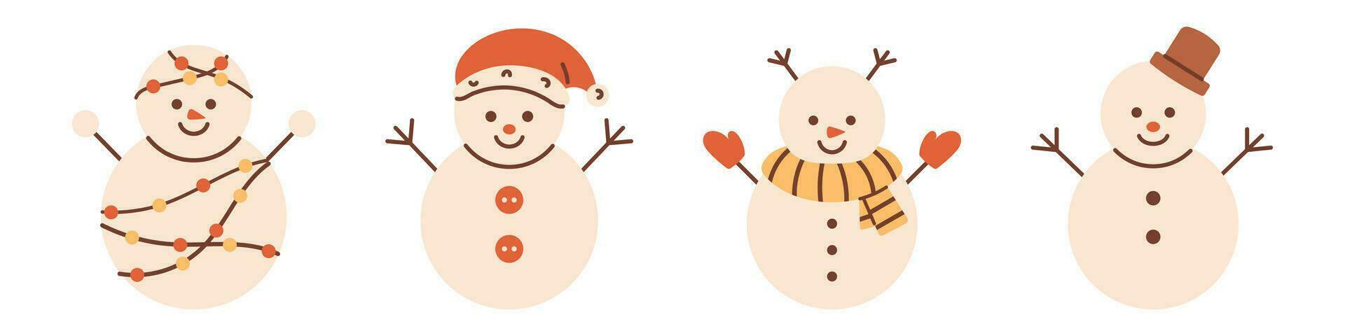 Vector cute smiling snowman set. Christmas funny snowman characters in clothes. Collection of winter snowman wearing hat and scarf.