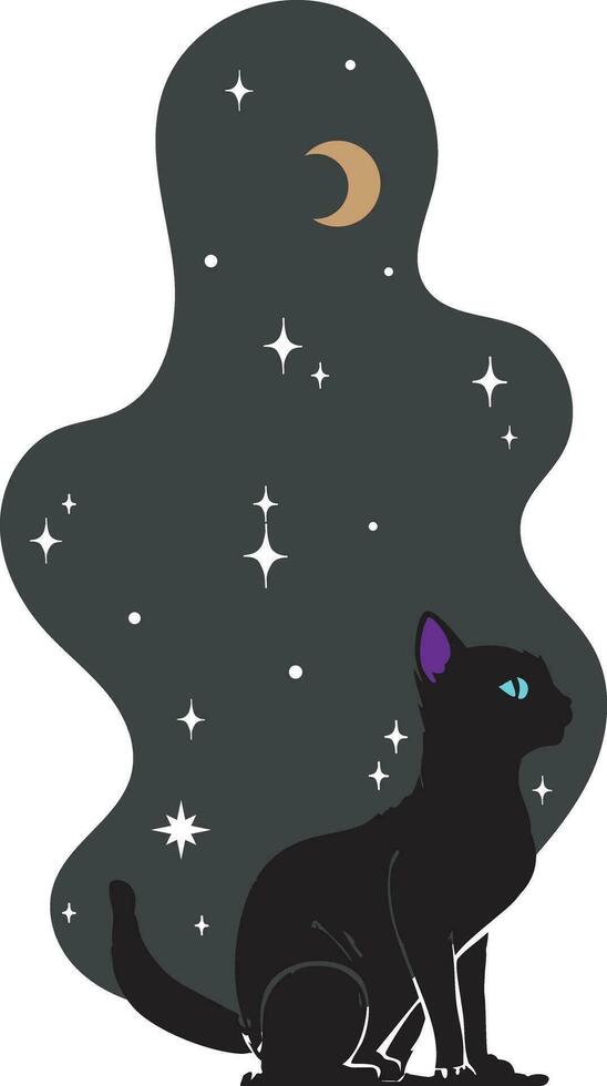 espacio gatos el negro gato sentado en el antecedentes con estrellas y el Luna. negro galaxia gato colocar. astrología animales vector ilustración.