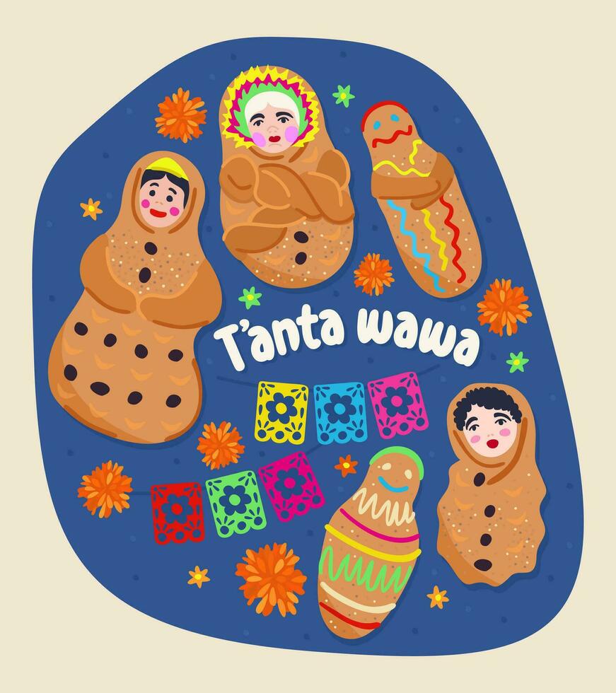 T'anta wawa. Bread baby. Traditional peruvian dish. Sweet roll shaped and decorated in form of small child vector