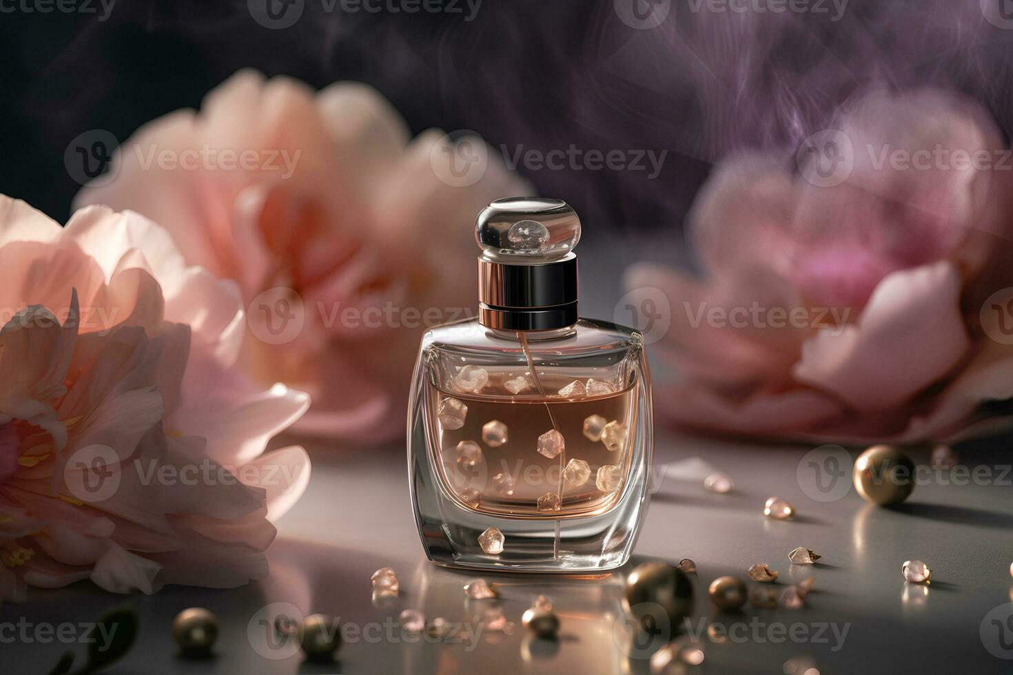 perfume en un vaso botella en el mesa con flores en antecedentes en el estilo de un comercial foto. ai generado ilustración. foto