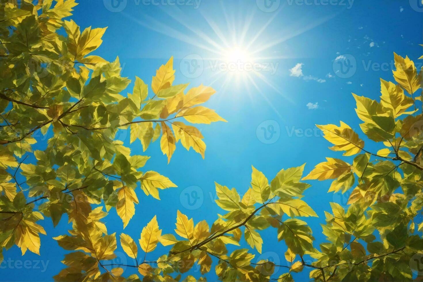 leaves against blue sky with bright sunshine, sunny sky background, sun and leaves wallpaper, natural background, AI Generative photo