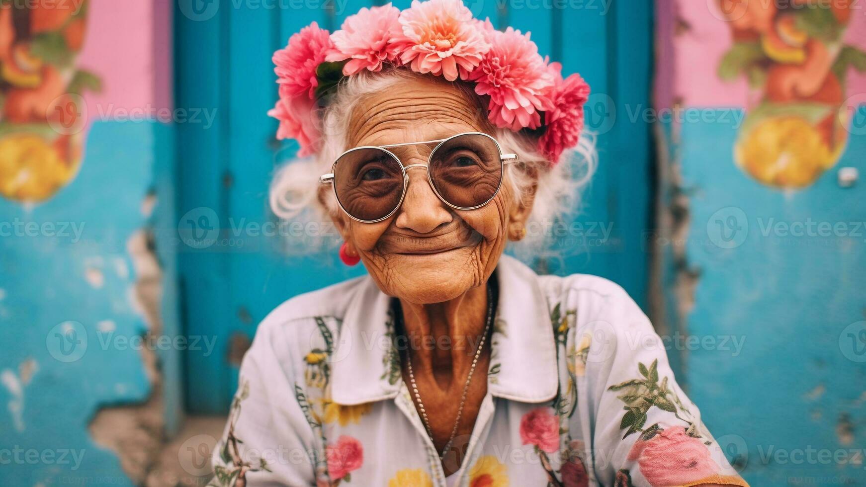 de moda retrato de un mayor mujer vistiendo Gafas de sol, ai generativo foto