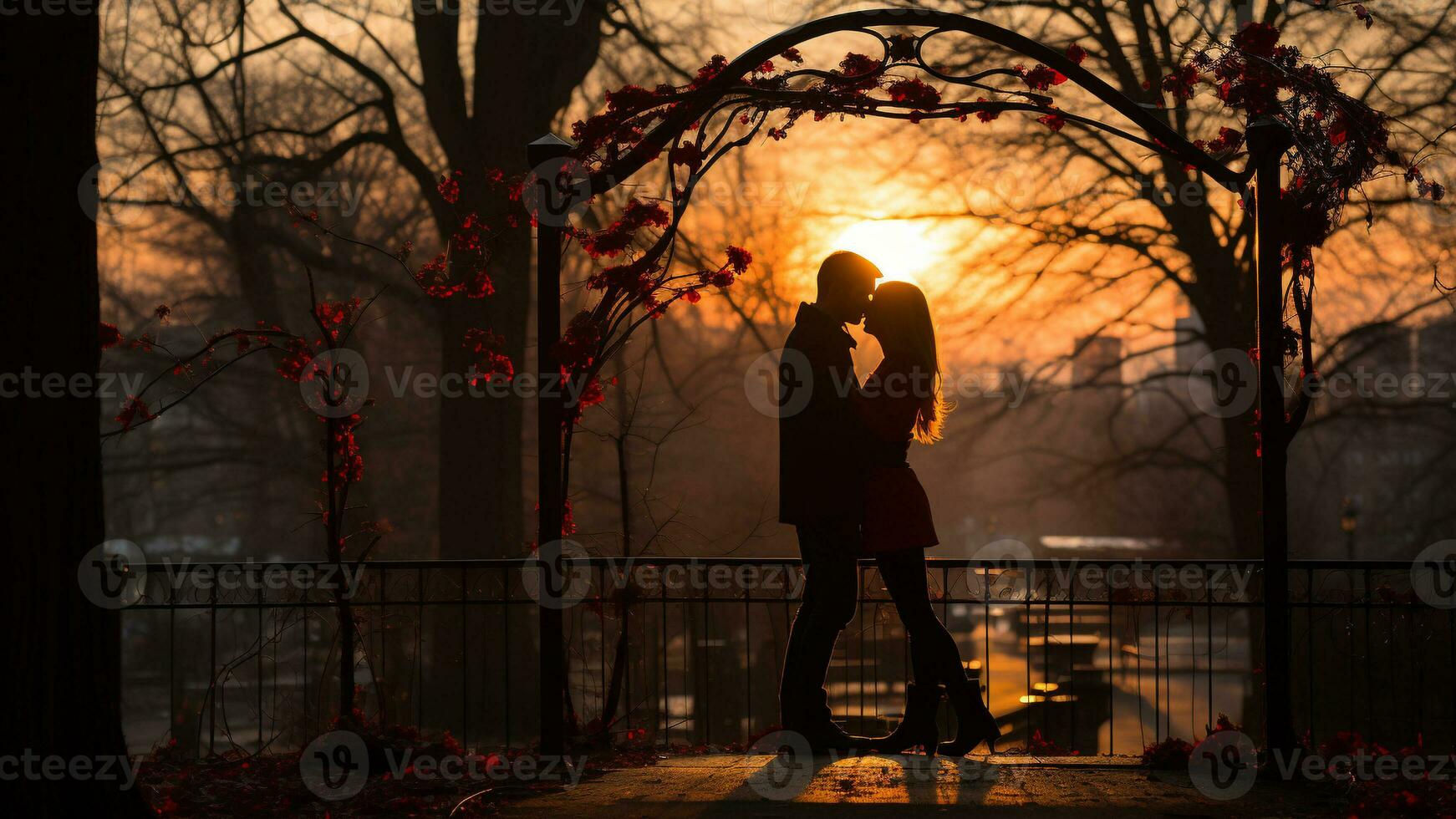 romántico puesta de sol siluetas para san valentin día en el noche brillo, ai generativo foto