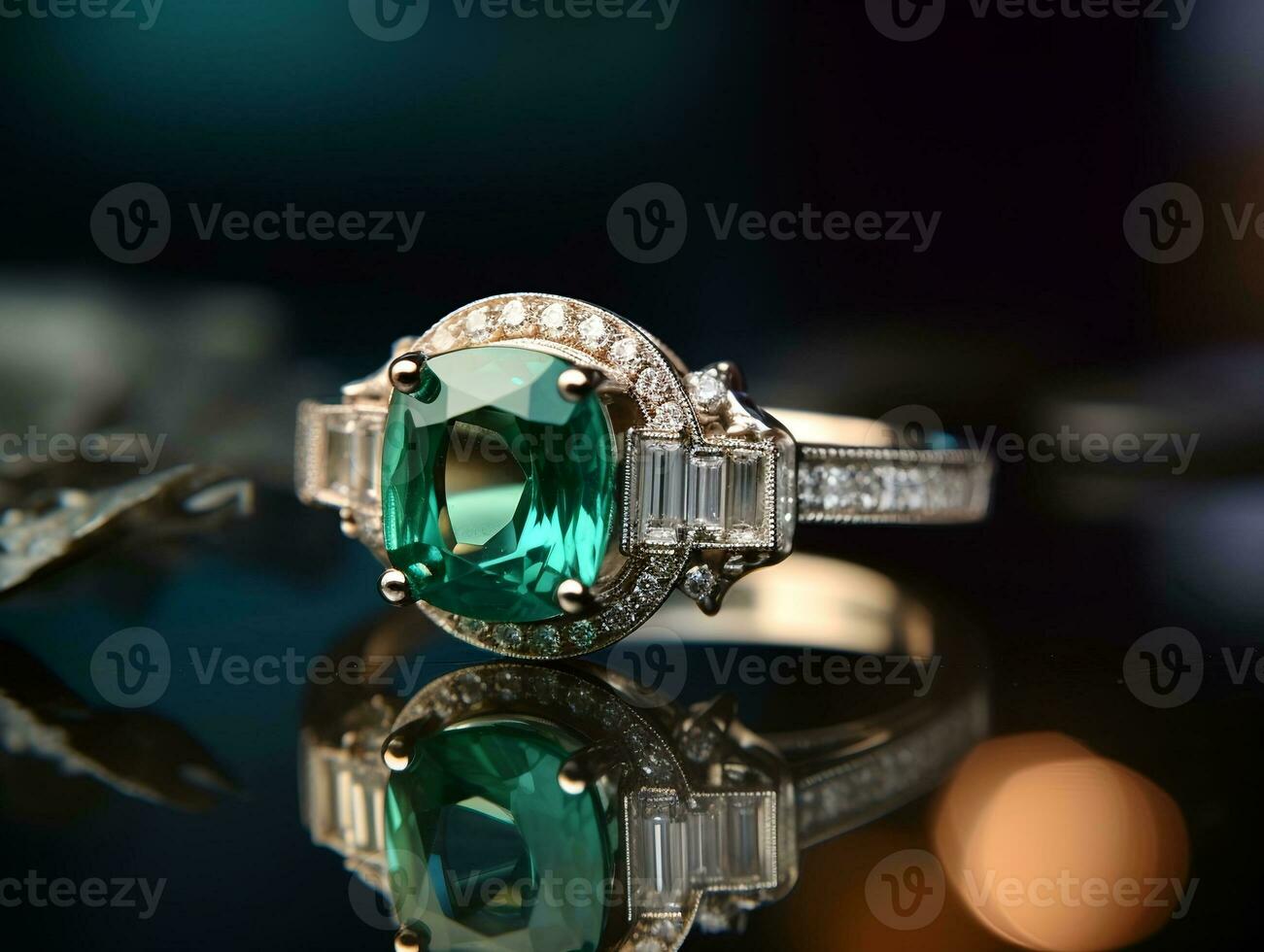 Photography of unique green emerald engagement ring design - AI Generative photo