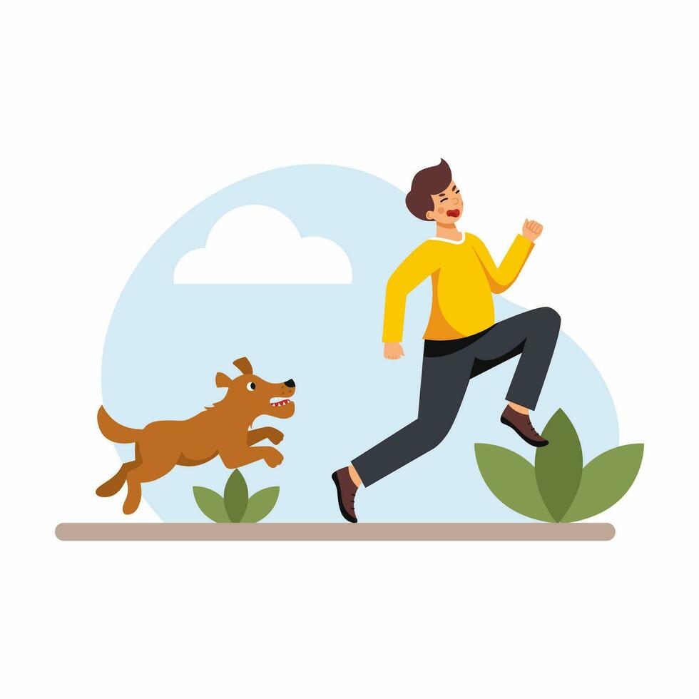 Man is afraid of angry dog. Dangerous animal attacked man. Vector illustration in cartoon style.  Dog runs after guy.