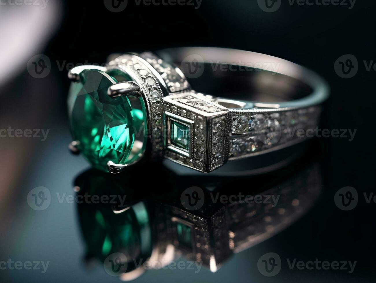 Photography of unique green emerald engagement ring design - AI Generative photo